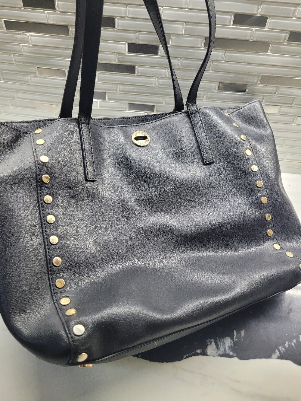 Black Leather Studded Tote Bag with Gold Accents Micheal Kors